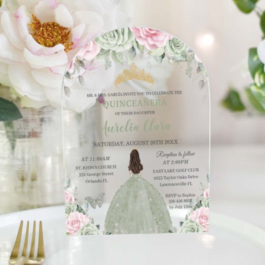 Chic Sage Green Baby Roze Bloemenjurk Quinceañera Acryl Uitnodigingen