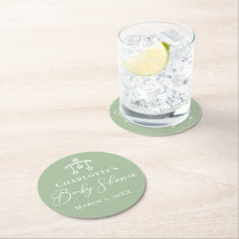 Chic Sage Green Baby shower gepersonaliseerd Ronde Kartonnen Onderzetter