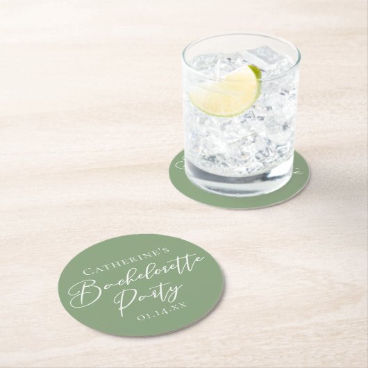 Chic Sage Green Bachelorette Party Personalized Ronde Kartonnen Onderzetter (Insitu)