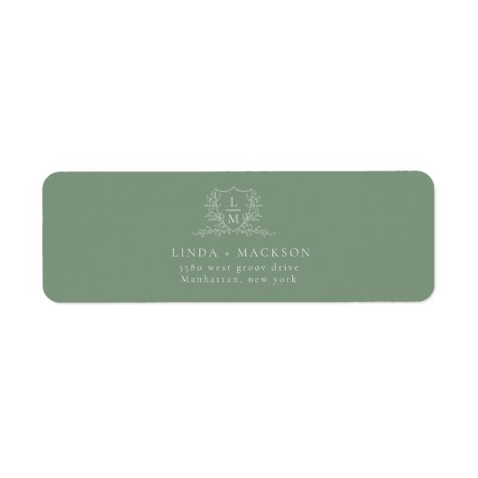 Chic Sage Green botanical crest monogram wedding Etiket (Voorkant)
