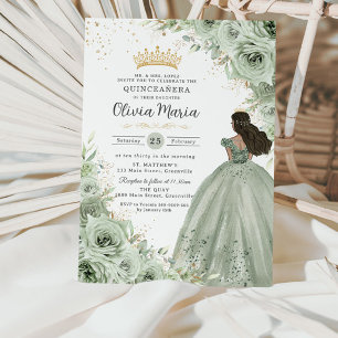 Chic Sage Green Floral Brown Princess Quinceañera Kaart