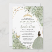 Chic Sage Green Floral Brown Princess Quinceañera Kaart (Voorkant)
