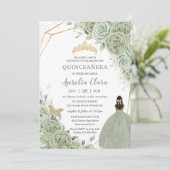 Chic Sage Green Floral Brown Princess Quinceañera Kaart (Staand voorkant)