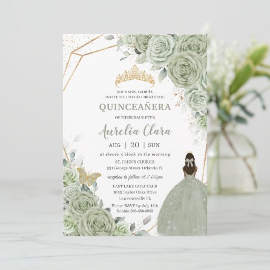 Chic Sage Green Floral Brown Princess Quinceañera Kaart (Staand voorkant)