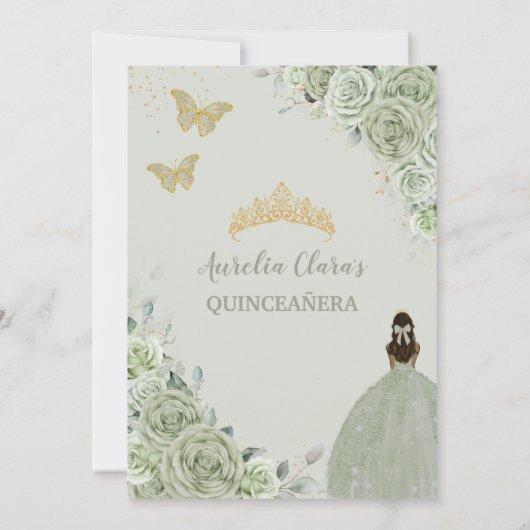 Chic Sage Green Floral Brown Princess Quinceañera Kaart (Achterkant)
