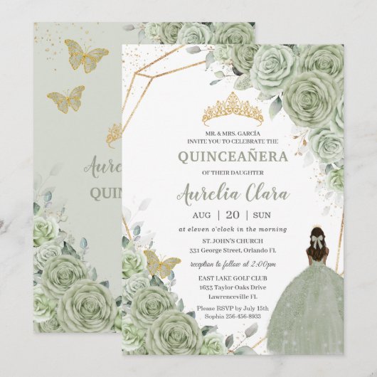 Chic Sage Green Floral Brown Princess Quinceañera Kaart (Voorkant / Achterkant)