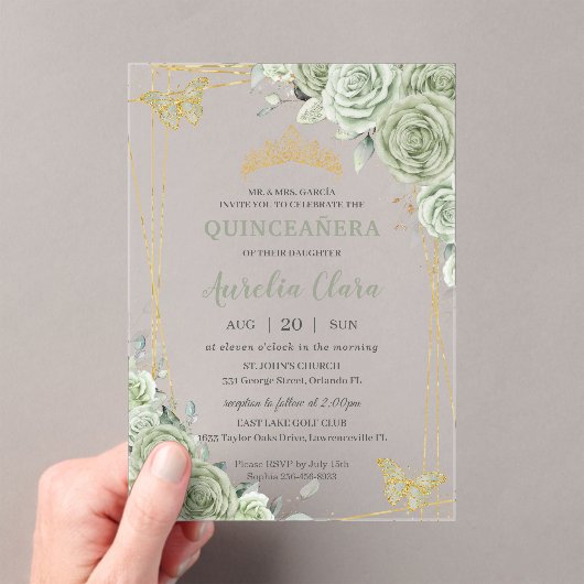 Chic Sage Green Floral Butterflies Quinceañera Acryl Uitnodigingen (Insitu (Draagbaar))