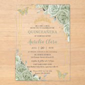 Chic Sage Green Floral Butterflies Quinceañera Acryl Uitnodigingen (Voorkant)