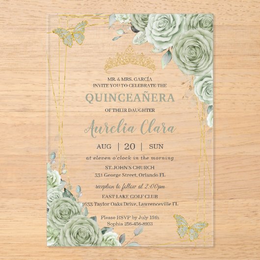 Chic Sage Green Floral Butterflies Quinceañera Acryl Uitnodigingen (Voorkant)