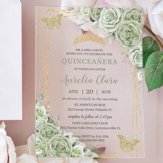 Chic Sage Green Floral Butterflies Quinceañera Acryl Uitnodigingen