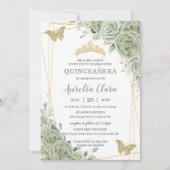 Chic Sage Green Floral Butterflies Quinceañera Kaart (Voorkant)