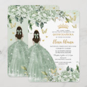 Chic Sage Green Floral Butterflies Quinceañera Kaart (Voorkant / Achterkant)