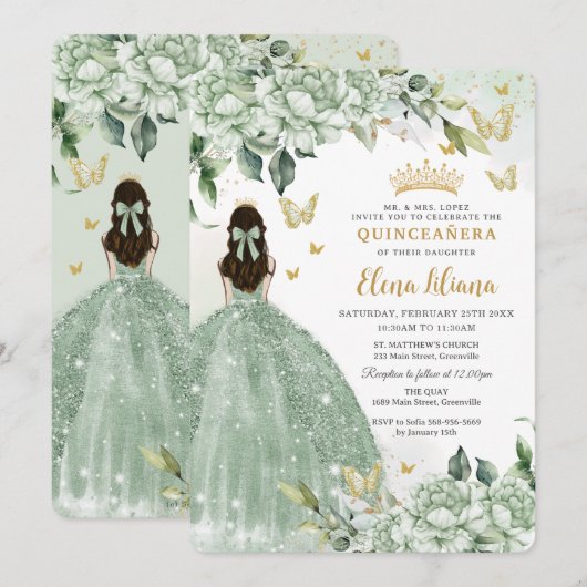 Chic Sage Green Floral Butterflies Quinceañera Kaart (Voorkant / Achterkant)
