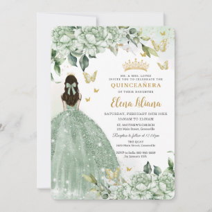 Chic Sage Green Floral Butterflies Quinceañera Kaart
