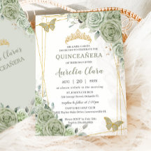 Chic Sage Green Floral Butterflies Quinceañera