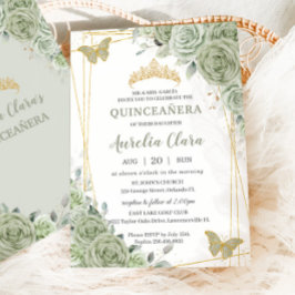 Chic Sage Green Floral Butterflies Quinceañera Kaart