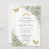 Chic Sage Green Floral Butterflies Quinceañera Kaart (Voorkant)