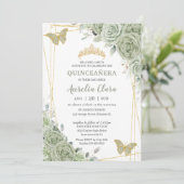 Chic Sage Green Floral Butterflies Quinceañera Kaart (Staand voorkant)