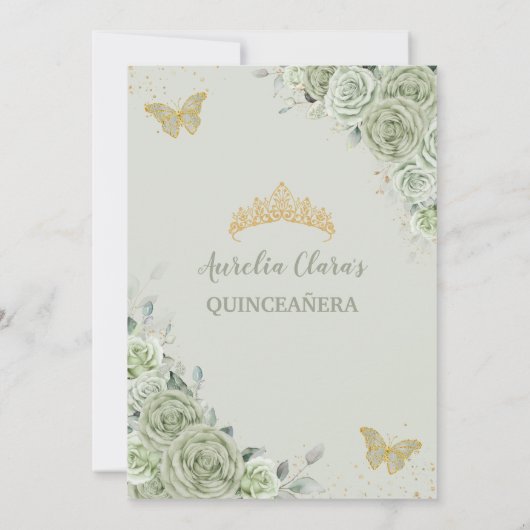 Chic Sage Green Floral Butterflies Quinceañera Kaart (Achterkant)
