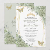 Chic Sage Green Floral Butterflies Quinceañera Kaart (Voorkant / Achterkant)