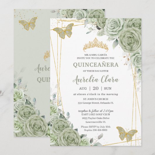 Chic Sage Green Floral Butterflies Quinceañera Kaart (Voorkant / Achterkant)