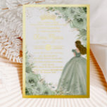 Chic Sage Green Floral Princess Gold Quinceañera Folie Uitnodiging<br><div class="desc">Personaliseer deze elegante salie groene bloemenquinceañera / Sweet 16 birthday folie uitnodiging gemakkelijk en snel. Klik op de knop verder aanpassen om de teksten te bewerken, lettertypen en lettertypekleuren te wijzigen. Met zachte waterverf salie groene bloemen, een meisje gekleed in een mooie salie groene baljurk en een gouden prinsessenkroon. Perfect...</div>