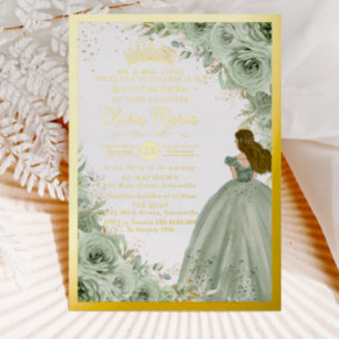 Chic Sage Green Floral Princess Gold Quinceañera Folie Uitnodiging