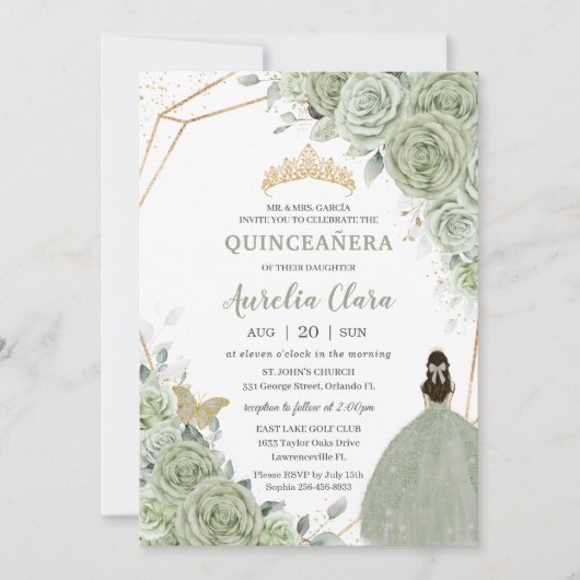 Chic Sage Green Floral Princess Gold Quinceañera Kaart (Voorkant)