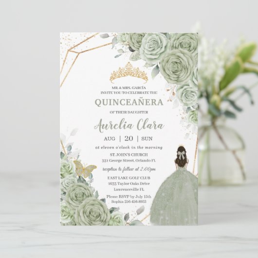 Chic Sage Green Floral Princess Gold Quinceañera Kaart (Staand voorkant)