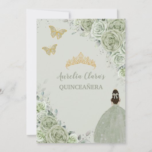 Chic Sage Green Floral Princess Gold Quinceañera Kaart (Achterkant)