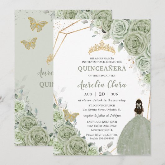 Chic Sage Green Floral Princess Gold Quinceañera Kaart (Voorkant / Achterkant)