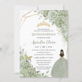 Chic Sage Green Floral Princess Gold Quinceañera Kaart
