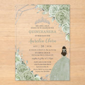 Chic Sage Green Floral Princess Silver Quinceañera Acryl Uitnodigingen (Voorkant)
