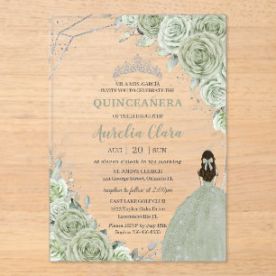 Chic Sage Green Floral Princess Silver Quinceañera Acryl Uitnodigingen