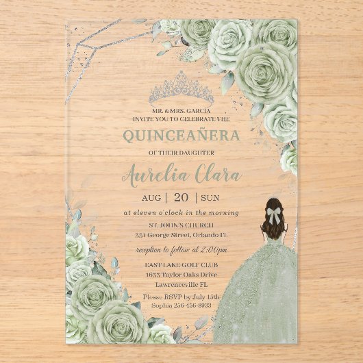 Chic Sage Green Floral Princess Silver Quinceañera Acryl Uitnodigingen (Voorkant)