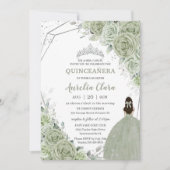 Chic Sage Green Floral Princess Silver Quinceañera Kaart (Voorkant)