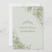 Chic Sage Green Floral Princess Silver Quinceañera Kaart (Achterkant)