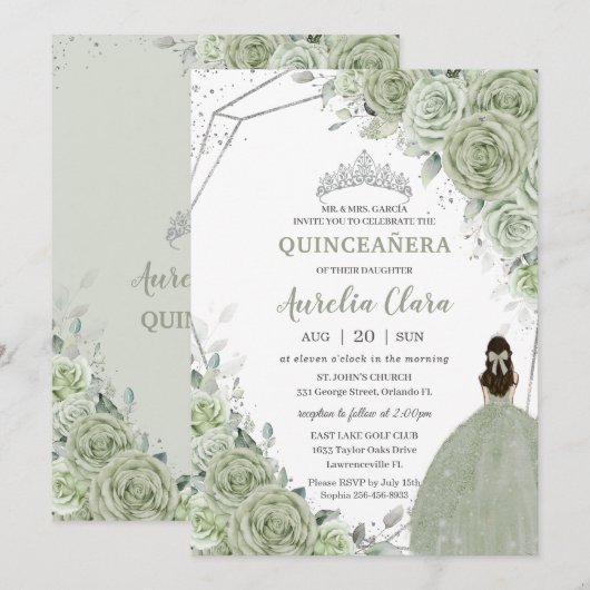 Chic Sage Green Floral Princess Silver Quinceañera Kaart (Voorkant / Achterkant)