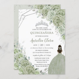 Chic Sage Green Floral Princess Silver Quinceañera Kaart