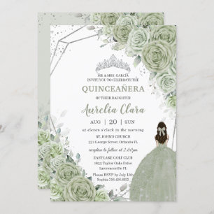 Chic Sage Green Floral Princess Silver Quinceañera Kaart