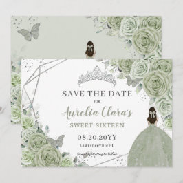 Chic Sage Green Floral Quinceanera Sweet Sixteen Save The Date
