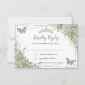 Chic Sage Green Floral Silver XV 15 16 Quinceañera RSVP Kaartje (Voorkant)