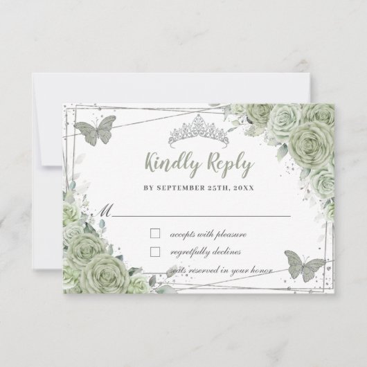 Chic Sage Green Floral Silver XV 15 16 Quinceañera RSVP Kaartje (Voorkant)