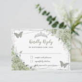 Chic Sage Green Floral Silver XV 15 16 Quinceañera RSVP Kaartje (Staand voorkant)