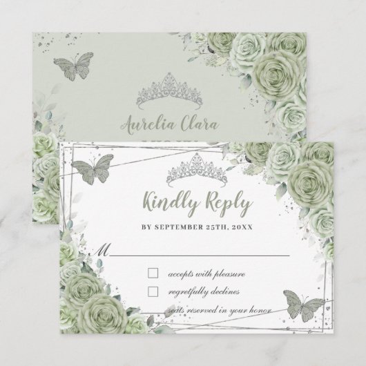 Chic Sage Green Floral Silver XV 15 16 Quinceañera RSVP Kaartje (Voorkant / Achterkant)