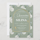 Chic Sage Green Gold Arch Butterflies Quinceañera Kaart (Voorkant)
