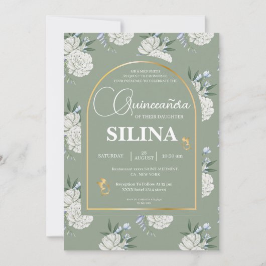 Chic Sage Green Gold Arch Butterflies Quinceañera Kaart (Voorkant)