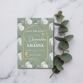 Chic Sage Green Gold Arch Butterflies Quinceañera Save The Date