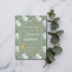 Chic Sage Green Gold Arch Butterflies Quinceañera Save The Date
