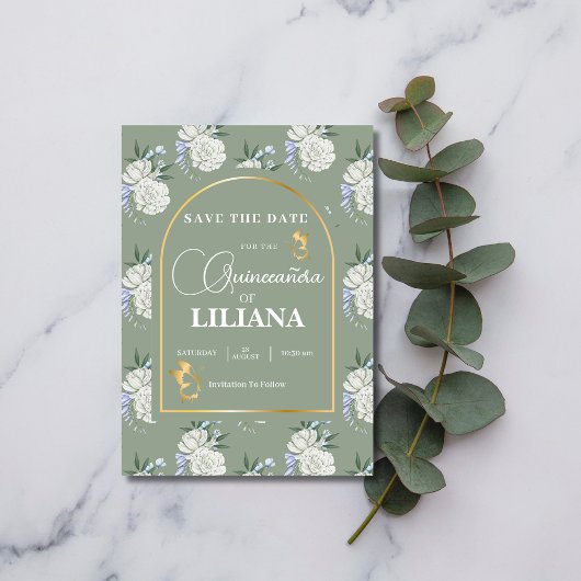 Chic Sage Green Gold Arch Butterflies Quinceañera Save The Date